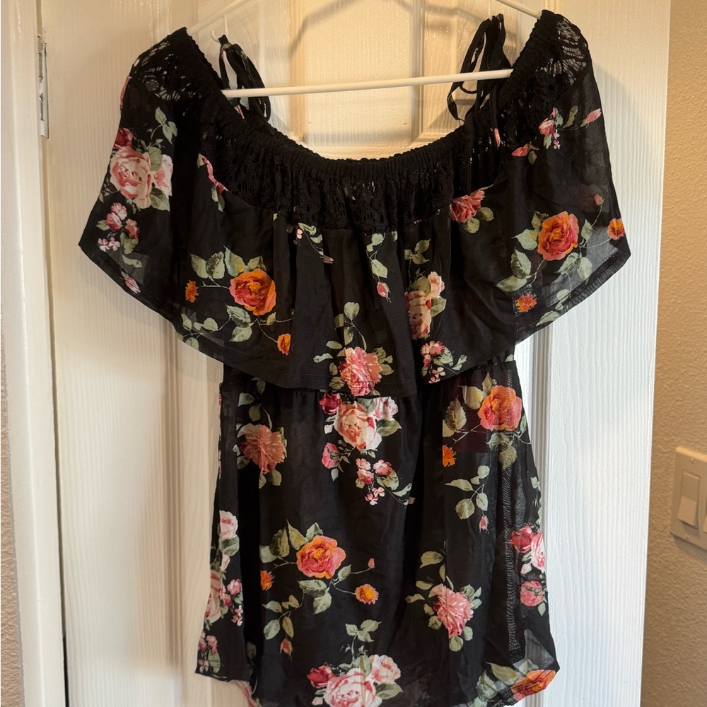 4/$15 Maternity Floral Black Off-Shoulder Top